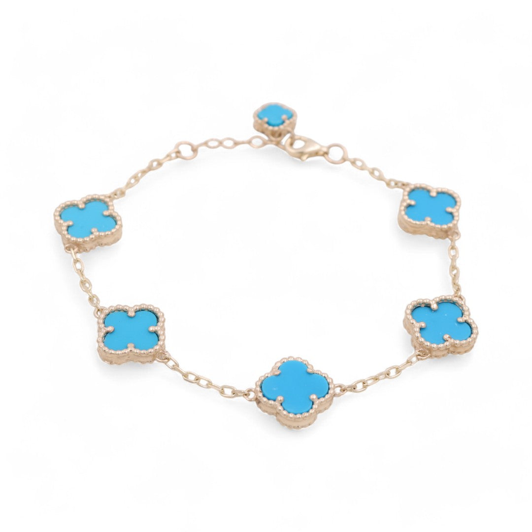 14K Yellow Gold Women's Bracelet with 5 Light Blue Clover / Size 7" / Weight 8.6 GR / BOWB4CLV-6