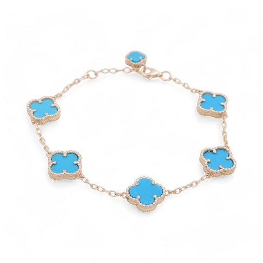 14K Yellow Gold Women's Bracelet with 5 Light Blue Clover / Size 7.5" / Weight 13.6 GR / BOWB4CLV-6