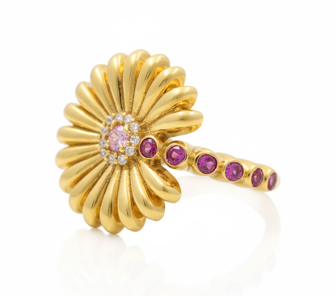 10K Yellow Gold Flower Women's Ring with Cz / Size:7 / Weight: 3.5 GR / DQWR0FL