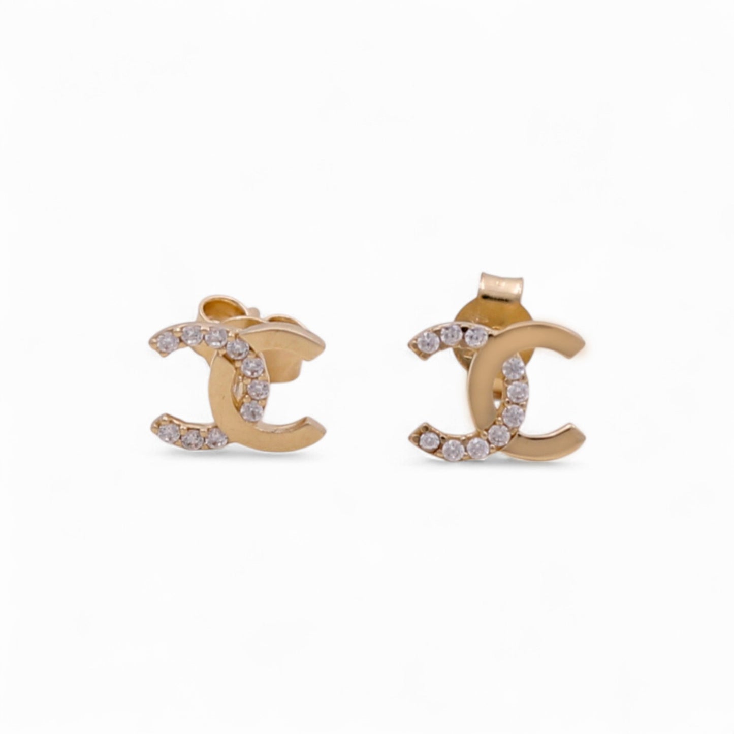 14K Yellow Gold Fashion Small CC Stud Earrings with Cz / Weight: 1.2 GR / DQES4CC-2