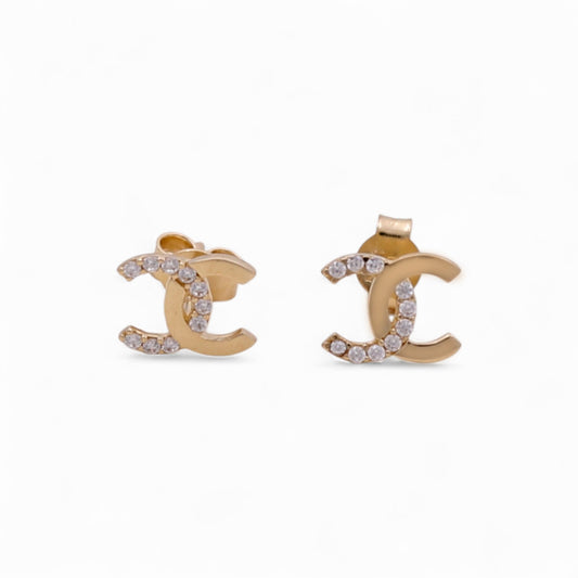 14K Yellow Gold Fashion Small CC Stud Earrings with Cz / Weight: 1.2 GR / DQES4CC-2