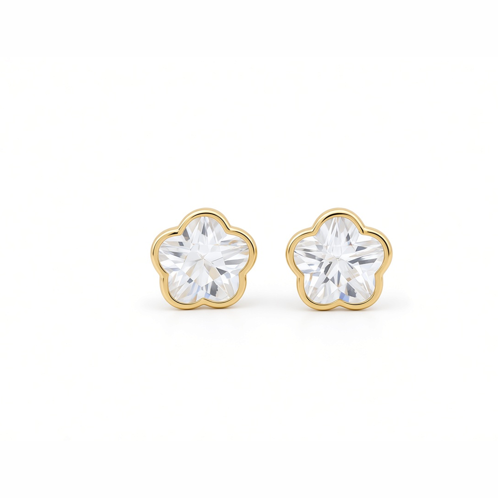 14K Yellow Gold Fashion Flower Stud Earrings with Cz Stone / 6-756901PS8