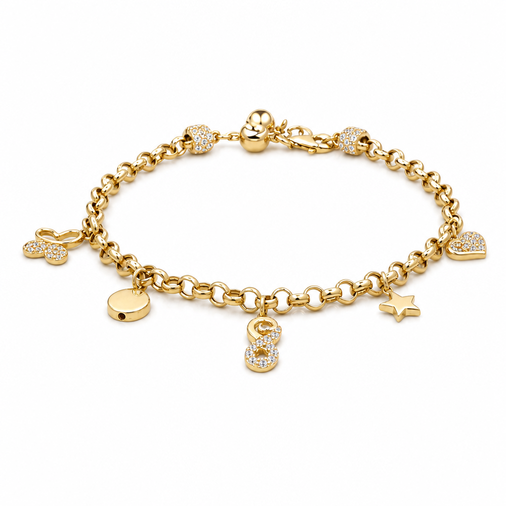14k Yellow Gold Rolo Link Women's Bracelet with Charms and Cz / Size: 8" / Weight: 6.7 GR / CCFWB4FS-12