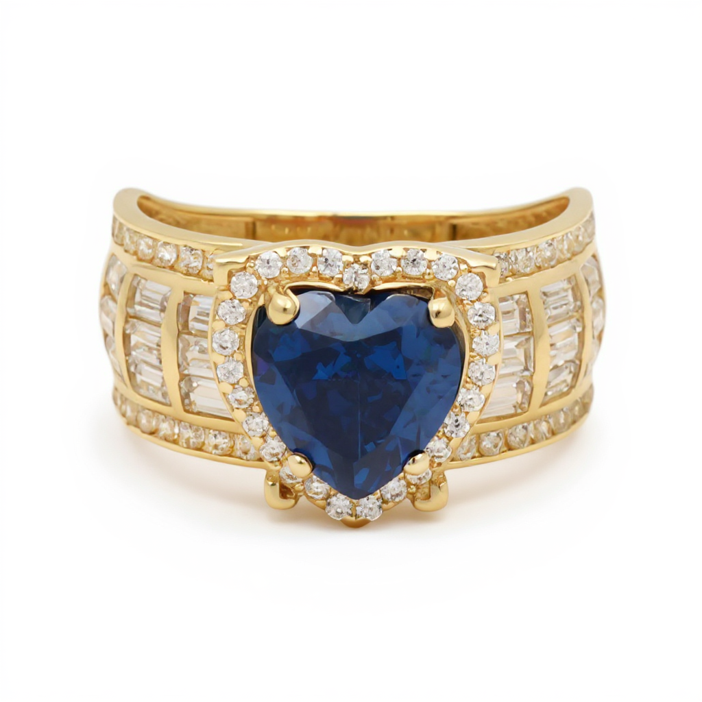 14K Yellow Gold Baguette Heart Women's Ring with Blue and White Cz / Size: 7.5 / Weight: 5.1 GR / BOWR4HR-15
