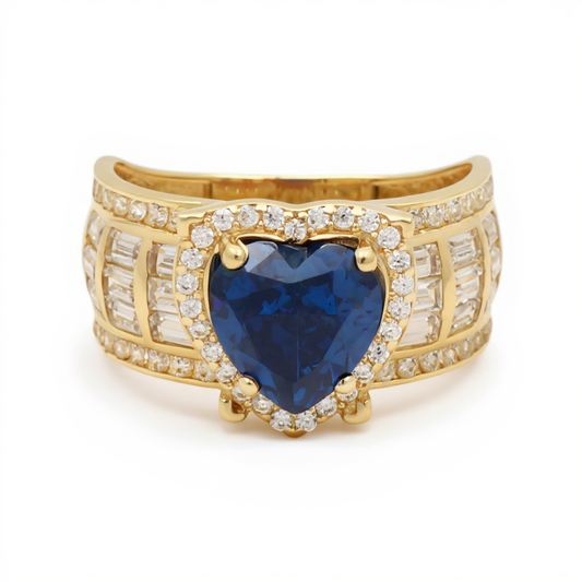 14K Yellow Gold Baguette Heart Women's Ring with Blue and White Cz / Size: 7.5 / Weight: 5.1 GR / BOWR4HR-15
