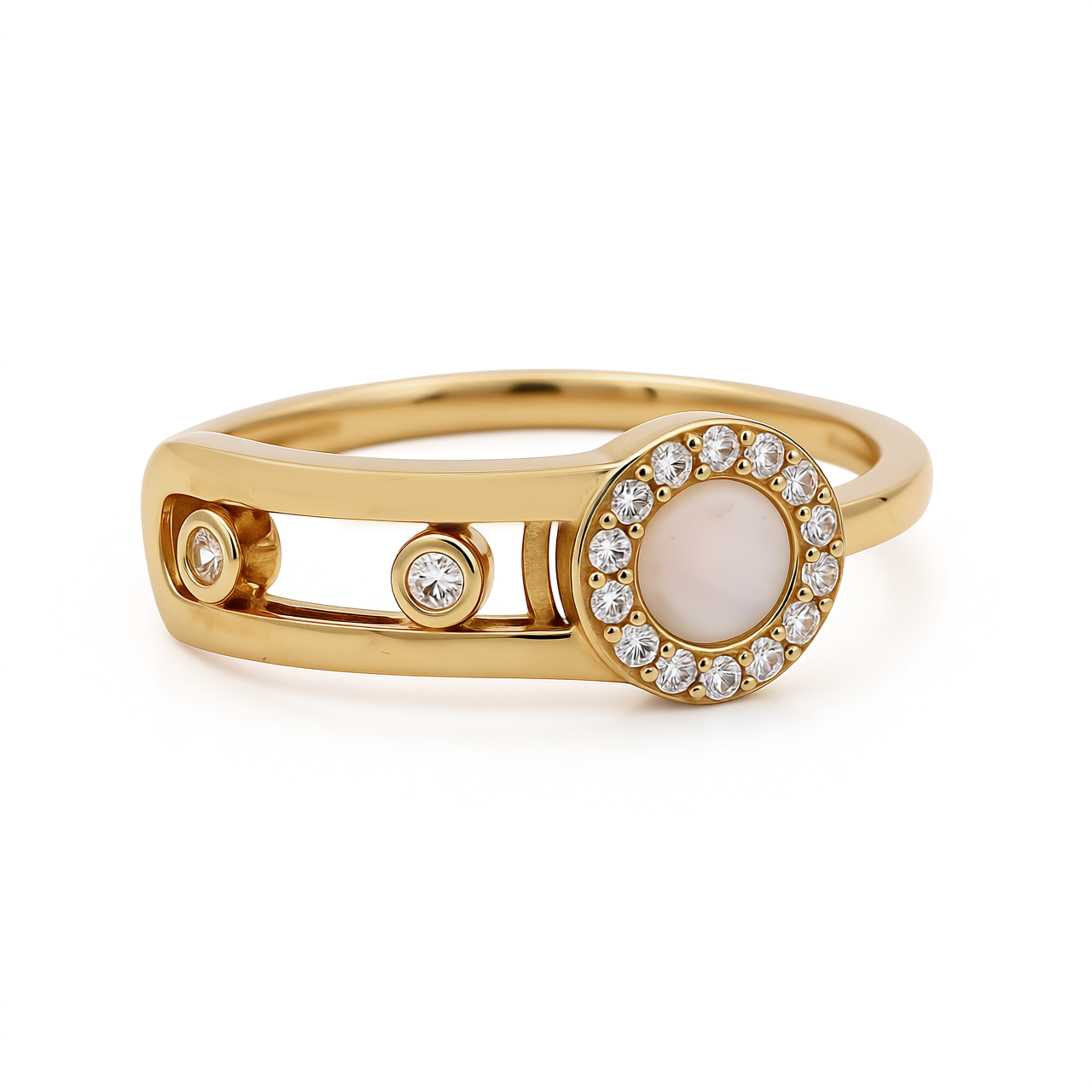 14K Yellow Gold Fashion Women's Ring with Mother of Pearl and Cz / Size: 7 / Weight: 2.2 GR / CEEWR4FS-5