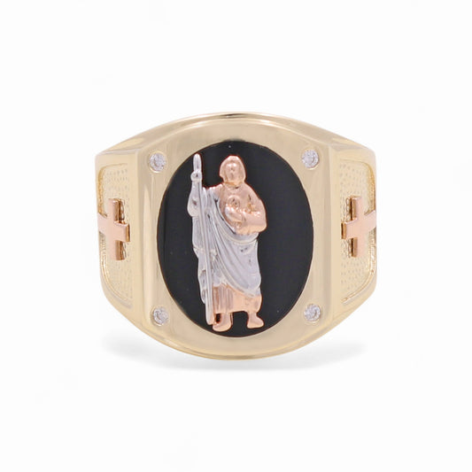 14K Yellow, White and Rose San Judas Men's Ring with Onyx and Cz / Size: 10 / Weight: 10.7 GR / KEEMR3T4SJ