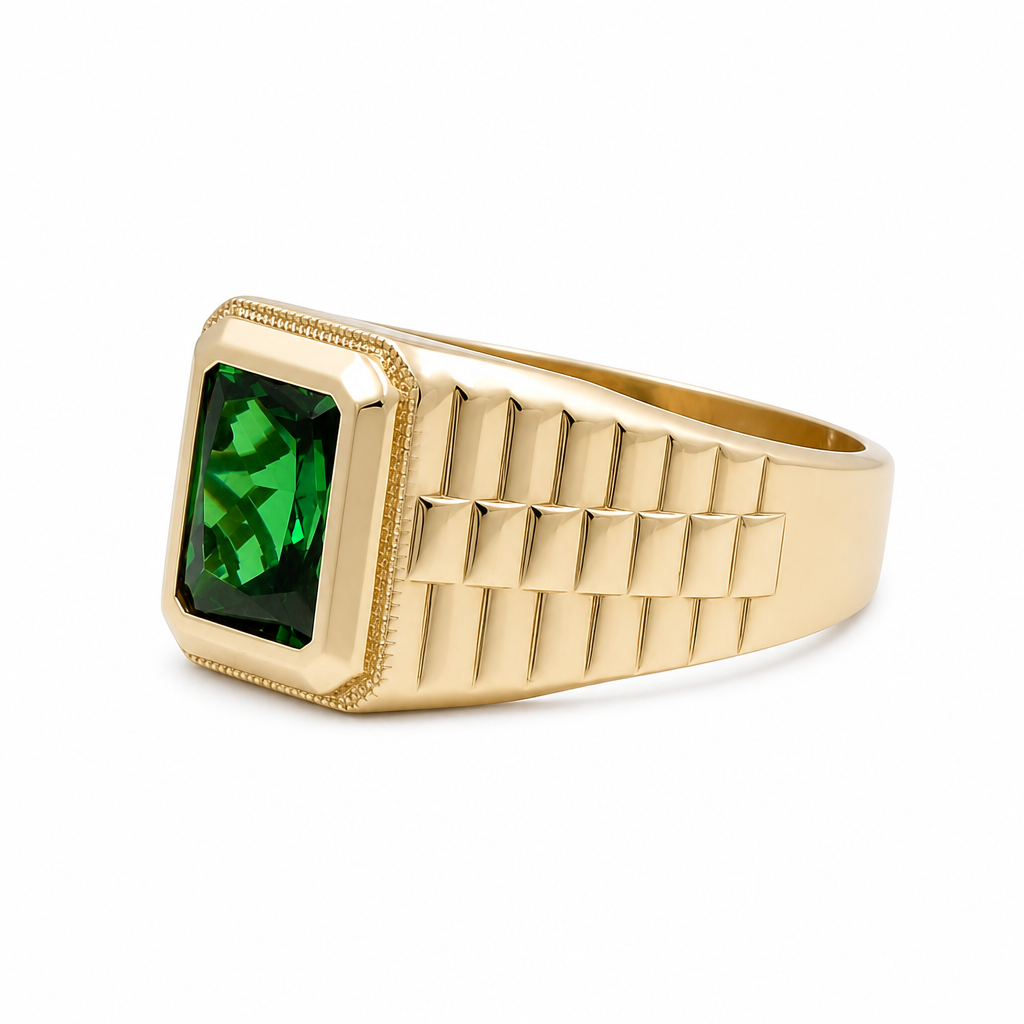 10K  Yellow Gold Fashion Men's Ring with Green Cz Stone / Size:11.5 / Weight: 4.8 GR / DQMR0FS-10