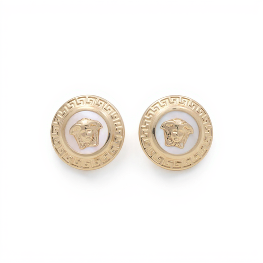 10K Yellow Gold Round Medusa's Stud Earrings with Greek and Mother of Pearl / Weight: 2.1 GR / CQES0VS