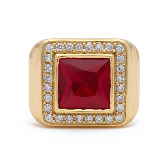 14K Yellow Gold Fashion Square Men's Ring with Red Cz / Size 11 / Weight 11.7 GR / BOMR4FS-38