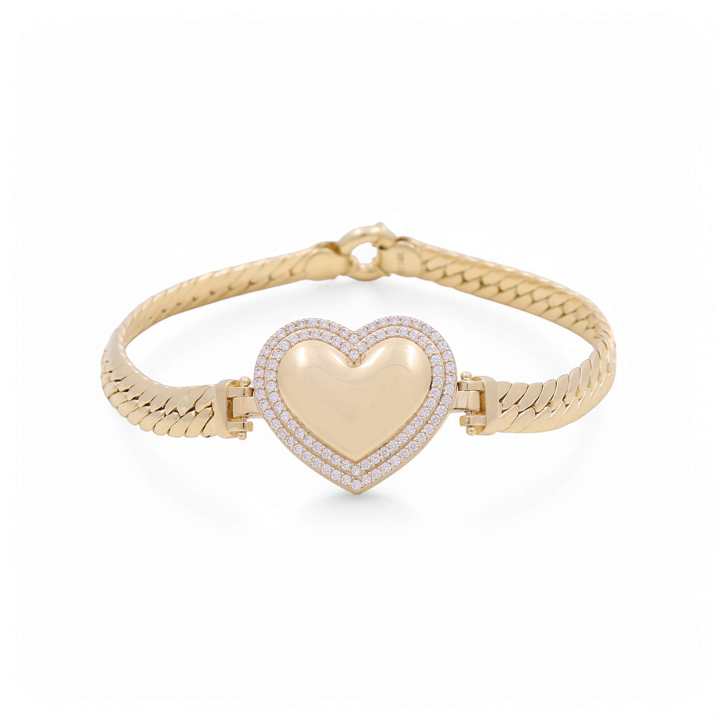 14K Yellow Gold Fashion Cuban Link Women's Bracelet with Heart and Cz / Size: 7.5" / Weight: 10.8 GR / DPWB4CLHR