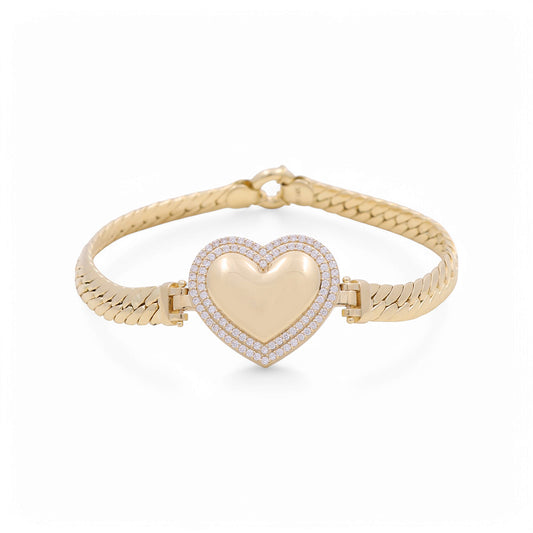 14K Yellow Gold Fashion Cuban Link Women's Bracelet with Heart and Cz / Size: 7.5" / Weight: 10.8 GR / DPWB4CLHR