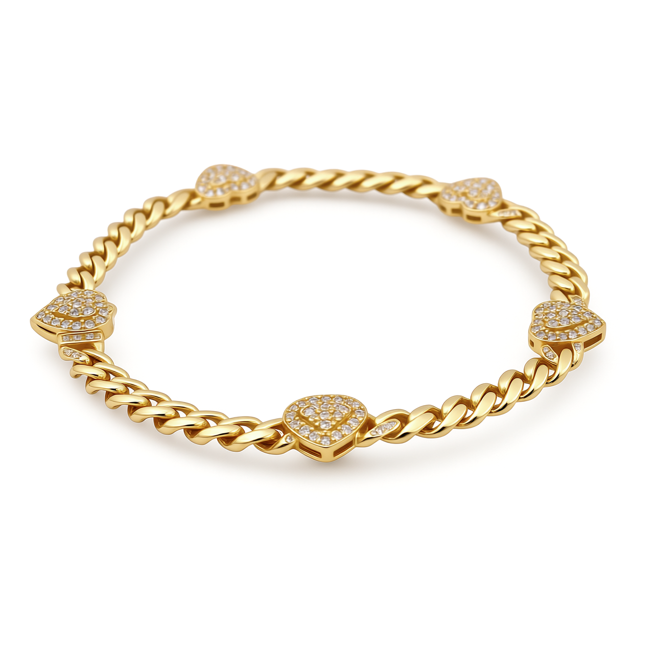 10K Yellow Gold Monaco Women's Bracelet with Hearts and White Cz / Size: 7.5” / Weight: 6.4 GR / P18B-57M9