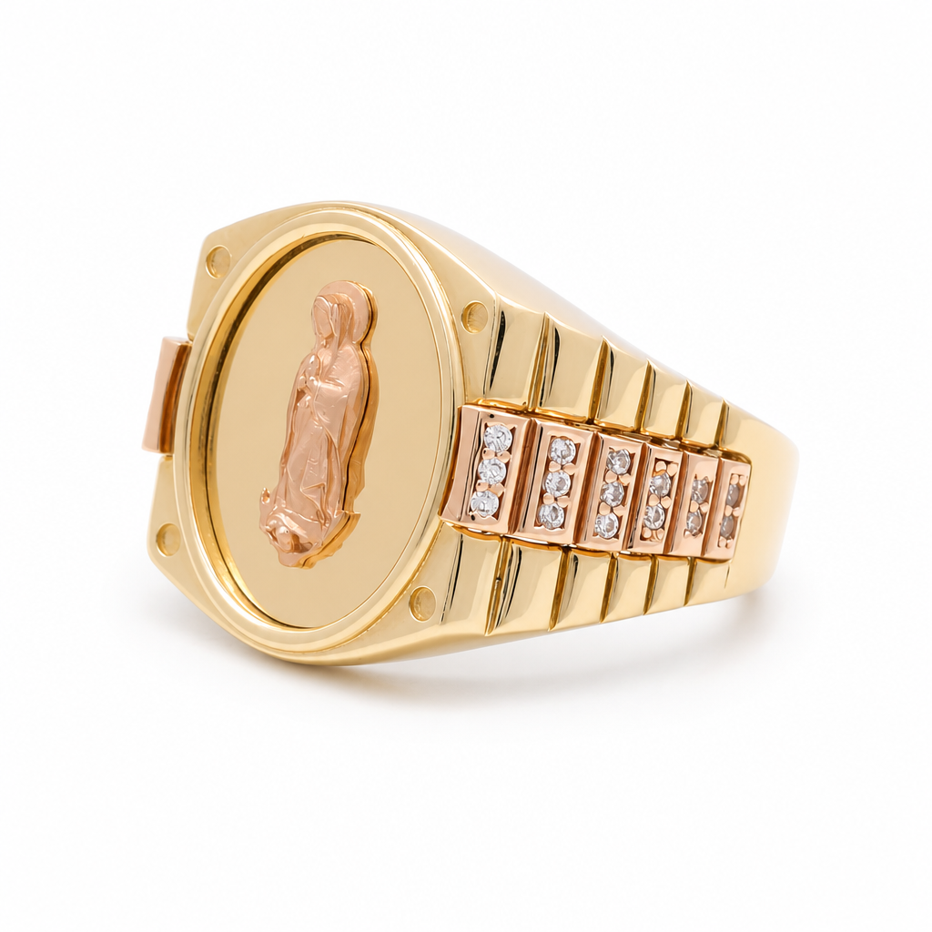 14K Yellow and Rose Virgen de Guadalupe Men's Ring with Cz /  Size: 10 / Weight 9.3 GR / COMR4OVTTVGCZ