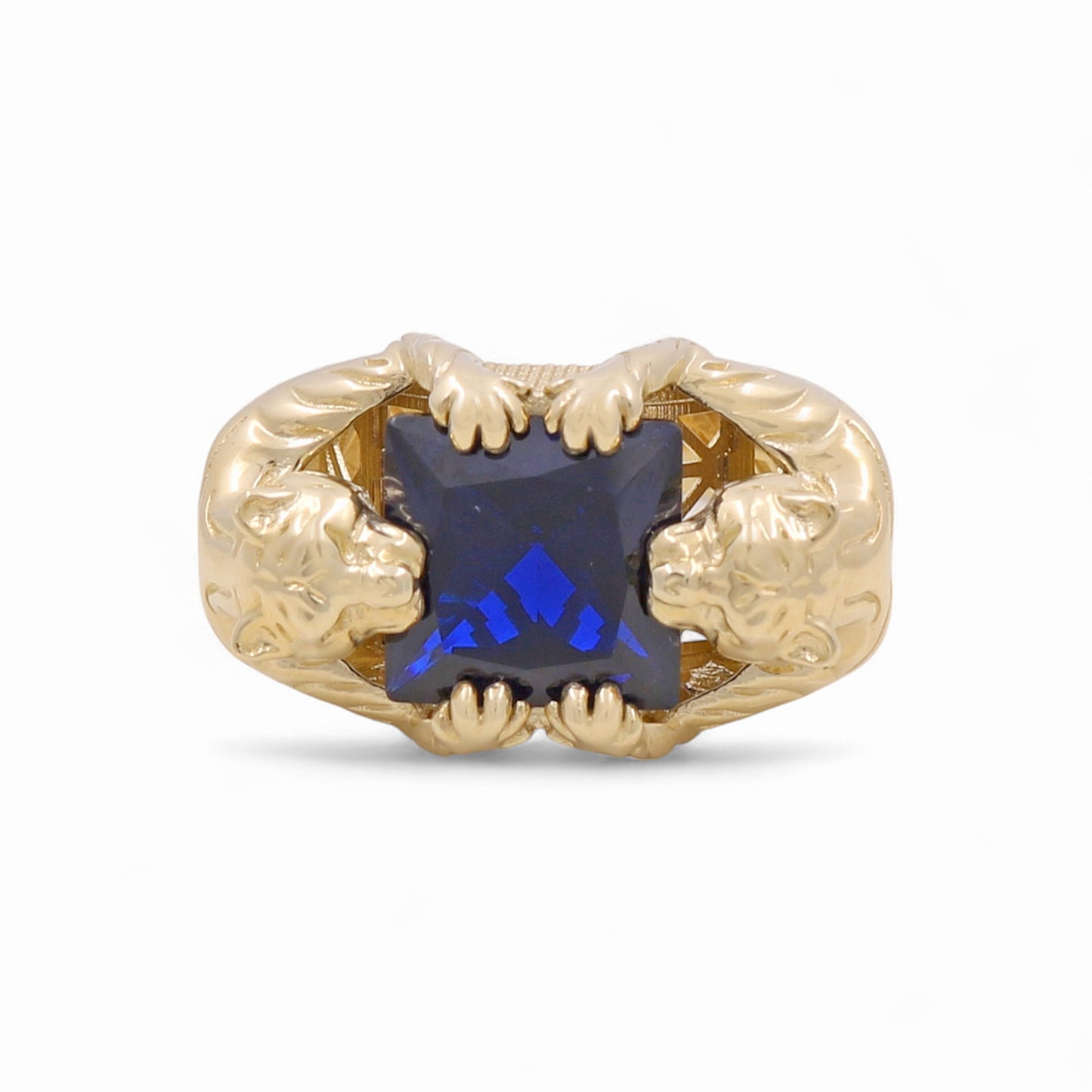 14K Yellow Gold Two Panthers Men's Ring With Blue Cz / Size: 11 / Weight: 10.2 GR / CPMR4PT