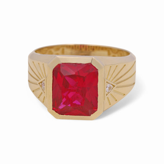 14K Yellow Gold Cuadrado Fashion Men's Ring with Red Cz / Size: 11 / Weight: 7 GR / COMR4FS-63