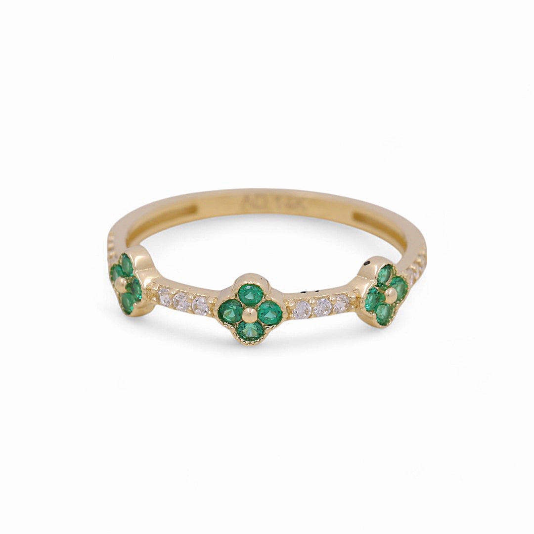 14K Yellow Gold Three Flower Women's Ring with Green Cz / Size: 7 / Weight: 1.2 GR / Y24-1259