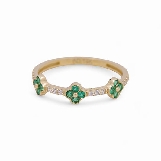 14K Yellow Gold Three Flower Women's Ring with Green Cz / Size: 7 / Weight: 1.2 GR / Y24-1259