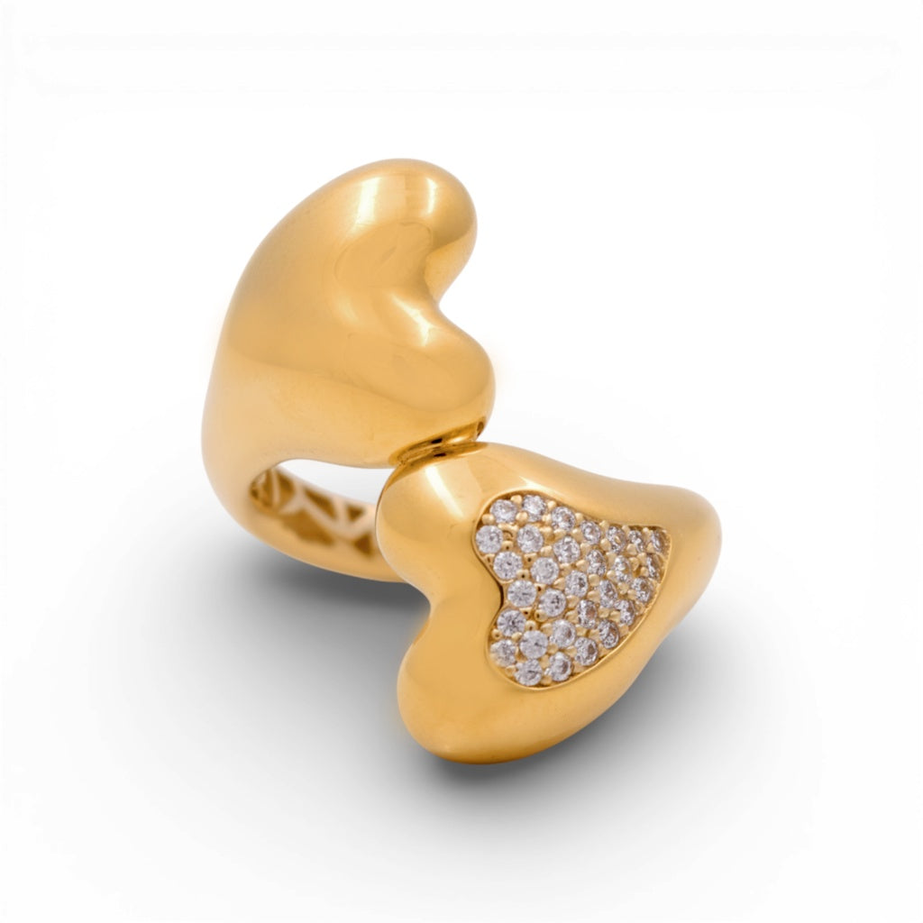 14K Yellow Gold Two Hearts Women's Ring with Cz / Size: 8.5 / Weight: 4.4 GR / Y24-926