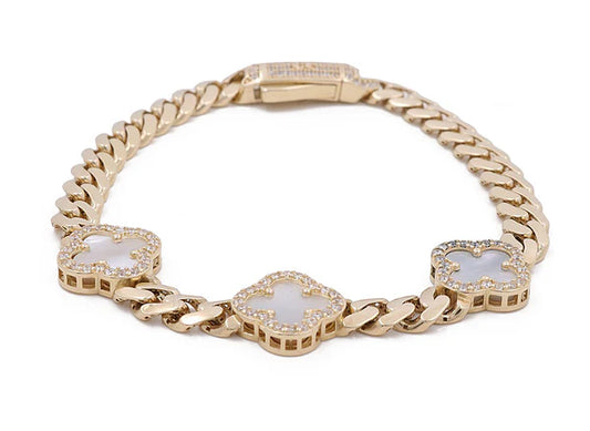 10K C Yellow Gold Monaco Bracelet w/ Mother of Pearl Stone Clover / Size: 7.5" / Weight: 11.5 GR / COWB0CLV-1