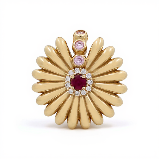 10K Yellow Gold Flower Women's Pendant with Red Cz / Weight: 3 GR / DQPD0FL