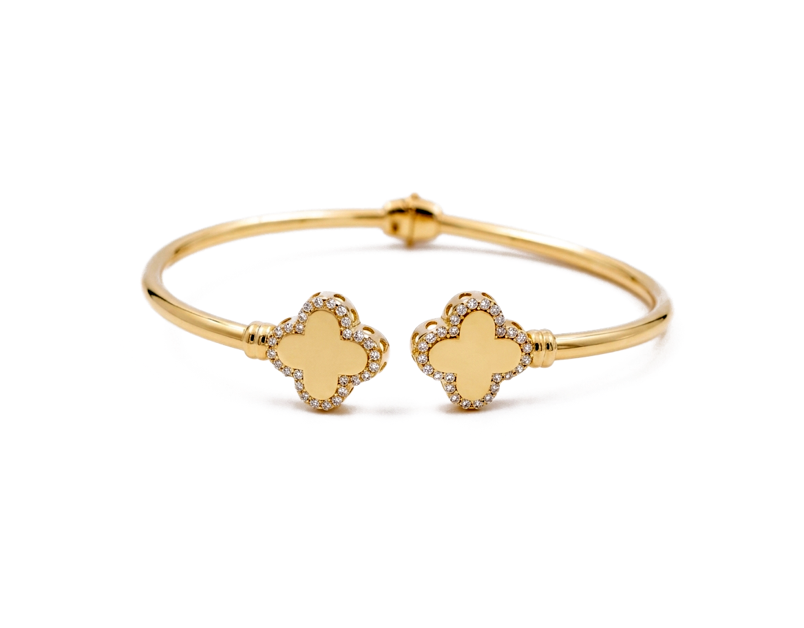 14K Yellow Gold SemiSolid Bangle Bracelet with Two Clovers and Cz / Size: 18 / Weight: 8.1 GR / CCFBB4CLV-1