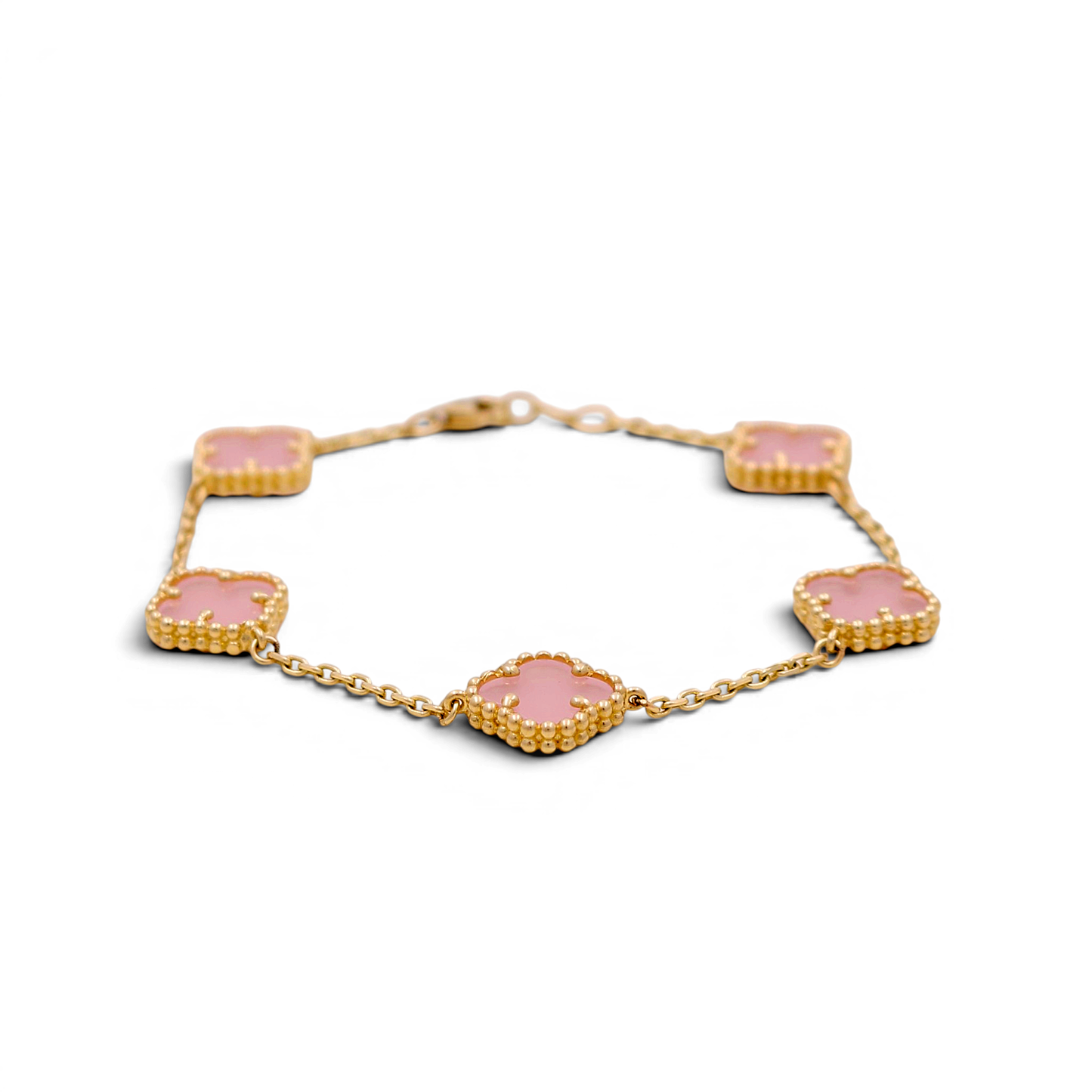 14K Yellow Gold Women's Bracelet with 5 Pink Clover / Size: 7" / Weight: 7.2 GR / BOWB4CLV-6