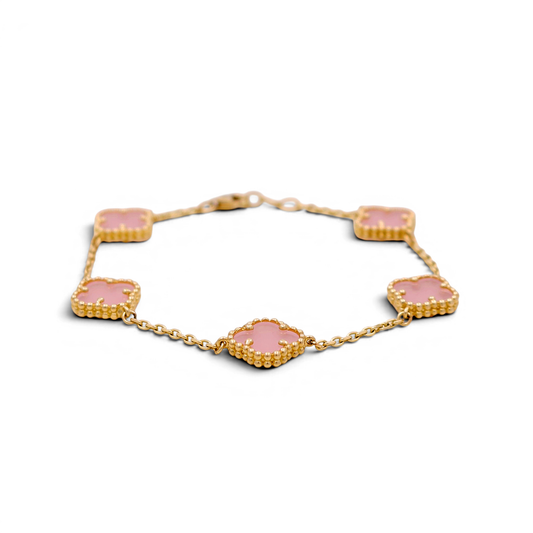 14K Yellow Gold Women's Bracelet with 5 Pink Clover / Size: 7" / Weight: 7.2 GR / BOWB4CLV-6