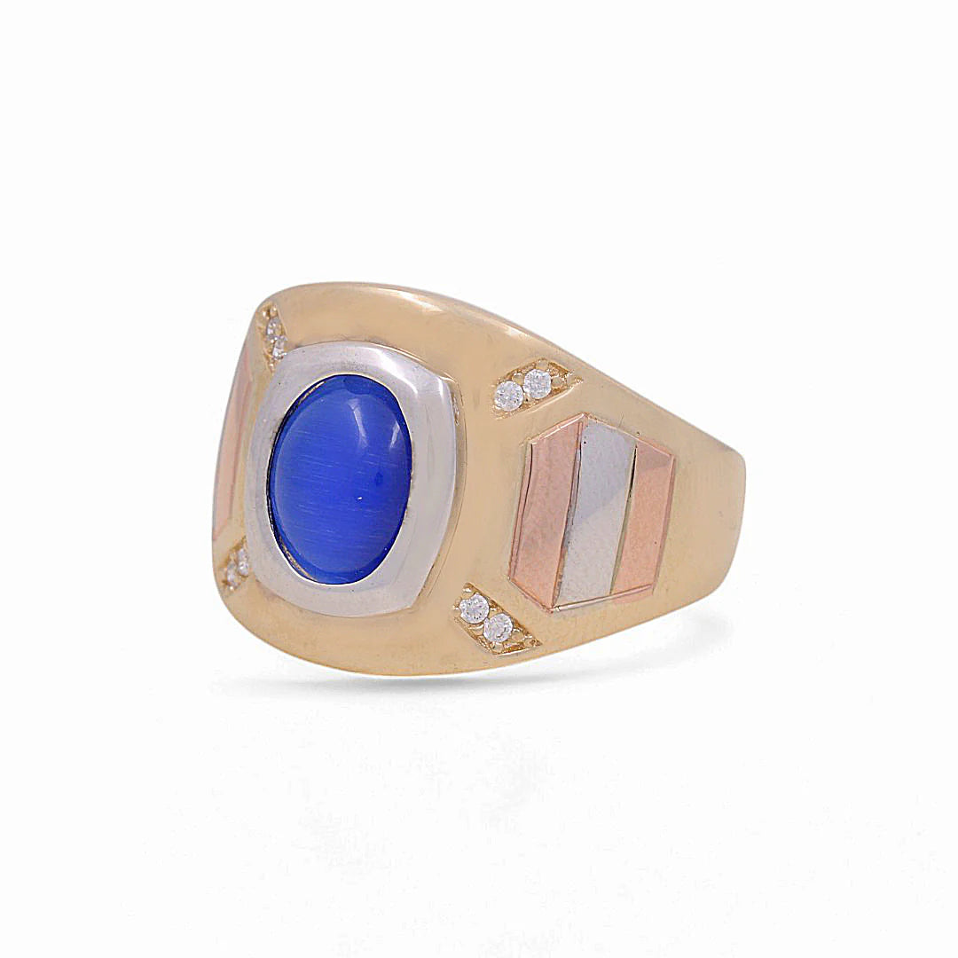14K Yellow Gold Fashion Men's Ring / Stone: Cz with Blue Stone / Size: 9.5 / Weight: 7.2 GR / KEMR3T4FS