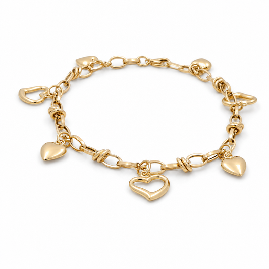 14K Yellow Gold Women's Bracelet With Open Link and Heart Charms / Size: 7.5" / Weight: 4.9 GR / 401-01897