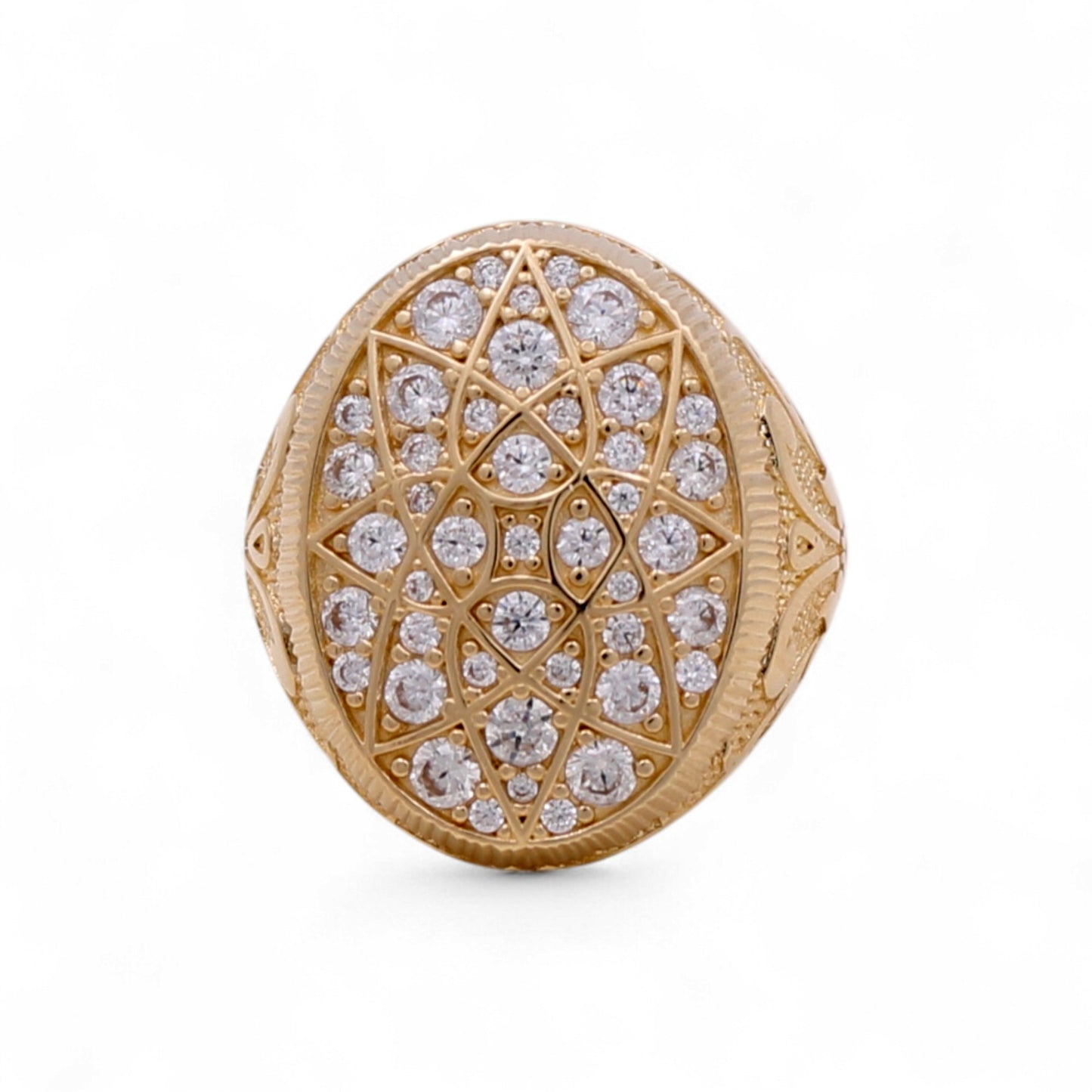 14K Yellow Gold Men’s Ring Oval Rosetta Style with White Stones / Size 11.5 / Weight: 12.3 GR / DQMR4FS-2