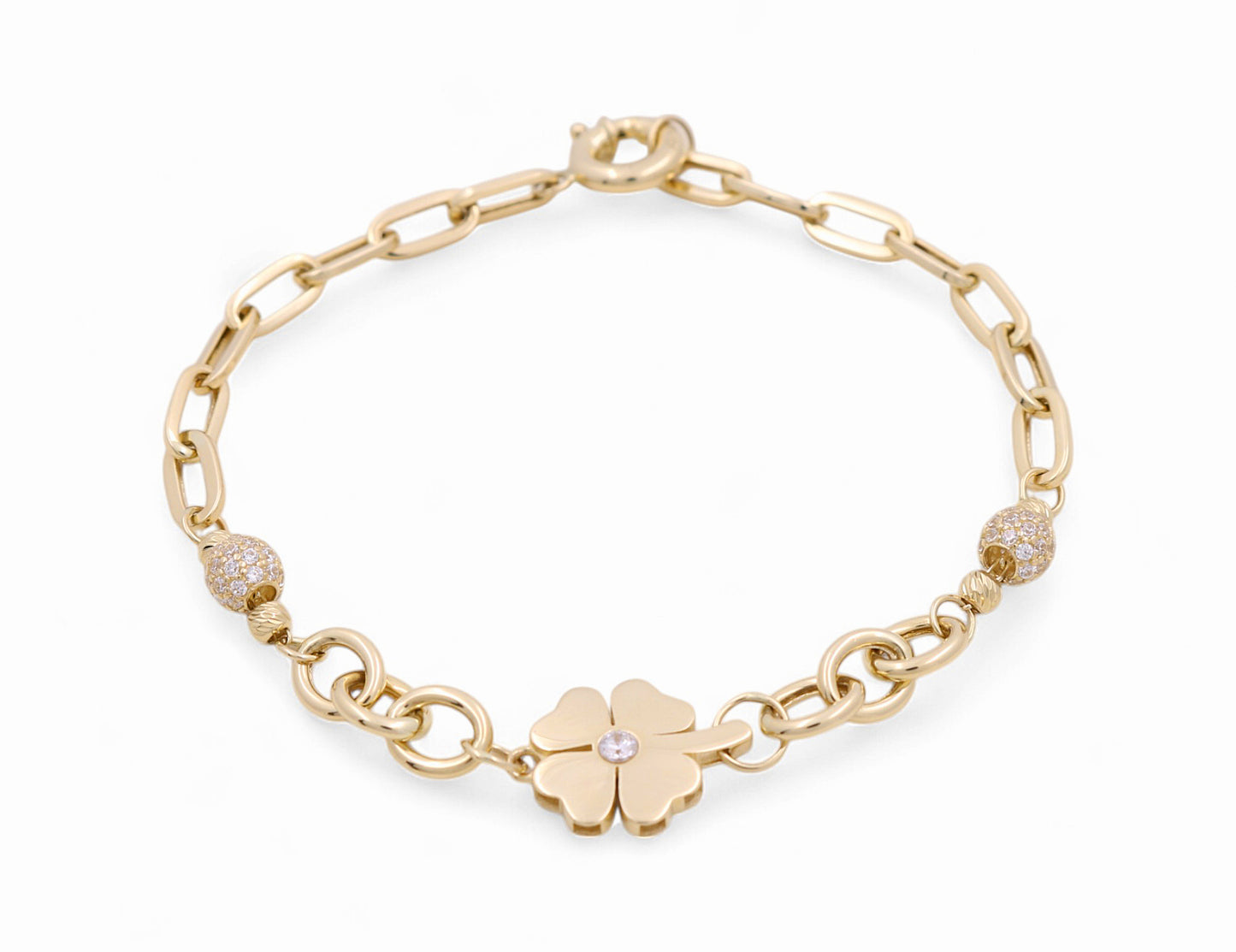 14K Yellow Gold Women's Fashion Clover Bracelet with CZ / Size: 7.5" / Weight: 5.5 GR / P78B-11
