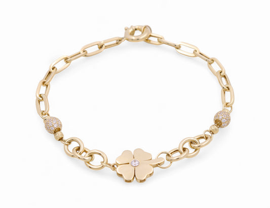 14K Yellow Gold Women's Fashion Clover Bracelet with CZ / Size: 7.5" / Weight: 5.5 GR / P78B-11