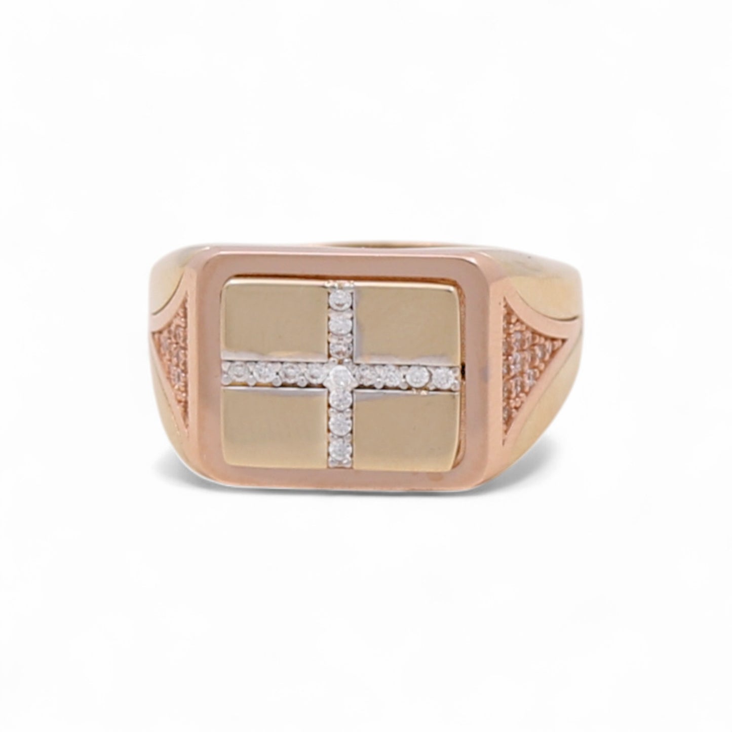 14K Yellow and Rose Gold Cross Men's Ring with White Cz / Size: 11 / Weight: 5.3 GR / DQMRTT4CS