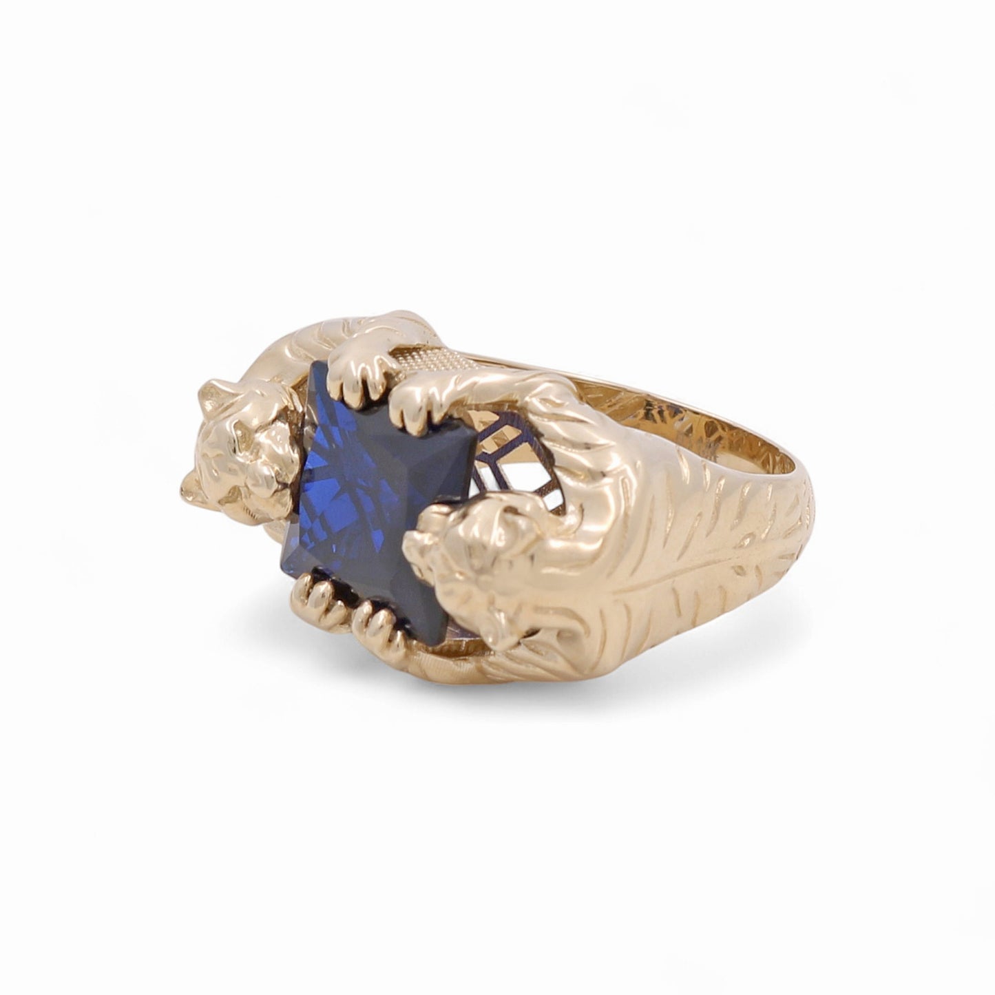 14K Yellow Gold Two Panthers Men's Ring With Blue Cz / Size: 11 / Weight: 10.2 GR / CPMR4PT