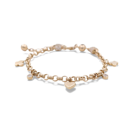 14k Yellow Gold Rolo Link Women's Bracelet with Charms and Cz / Size: 7.5" / Weight: 5.5 GR / CCFWB4FS-3