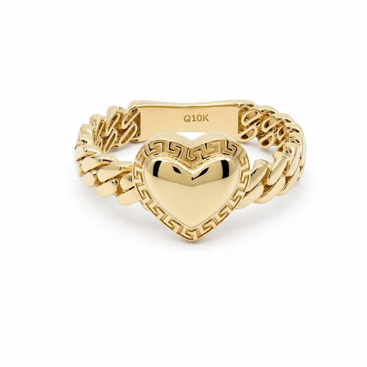 10K Yellow Gold Heart with Greek Women's Ring and Chain Link / Size: s8 / Weight: 2.9 GR / DQWR0HR-32
