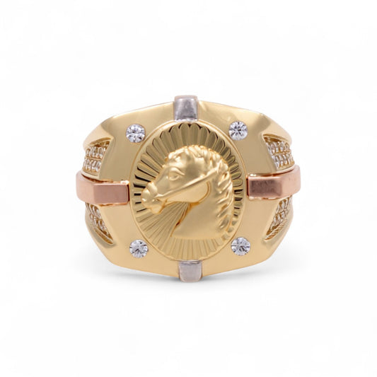 14K Yellow, White and Rose Gold Horse Men's Ring with White Cz / Size: 10.5 / Weight: 8.2 GR / COMR3T4HR-1