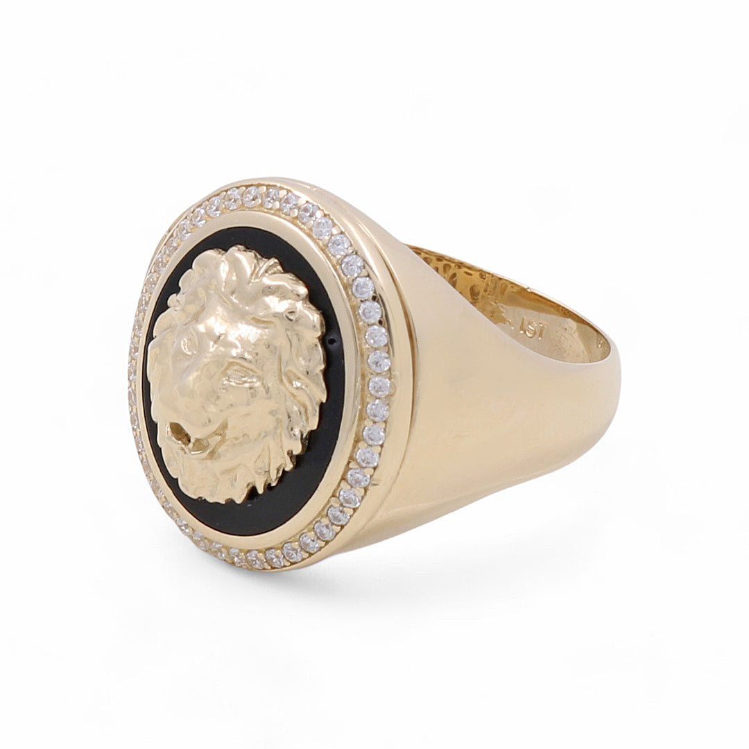 14K Yellow Gold Men’s Lion Head Ring / CZ / Black Enamel / Size 9 / Weight: 10.1 GR COMR4LN