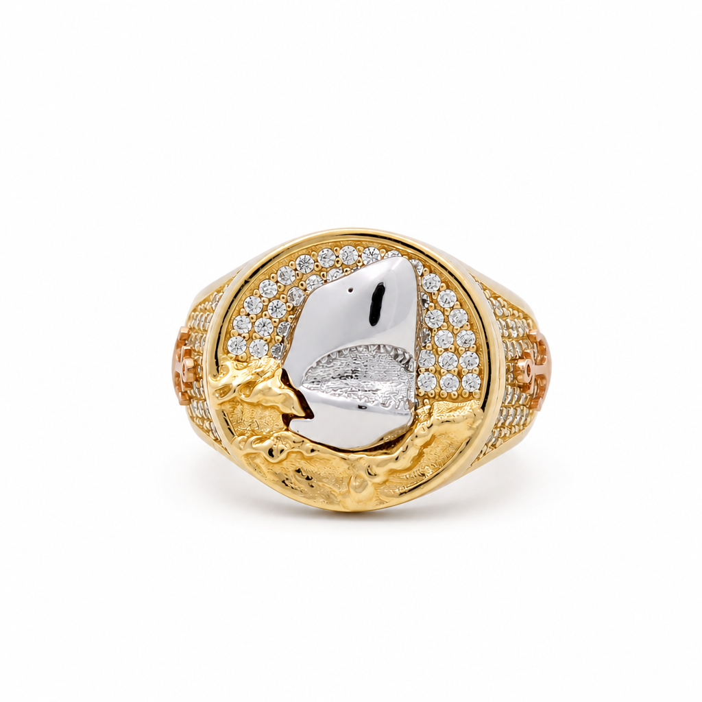 14K Yellow and White Gold RD Shark Men's Ring with Cz / Size: 9.5 / Weight: 7.4 GR / COMRTT4SHR