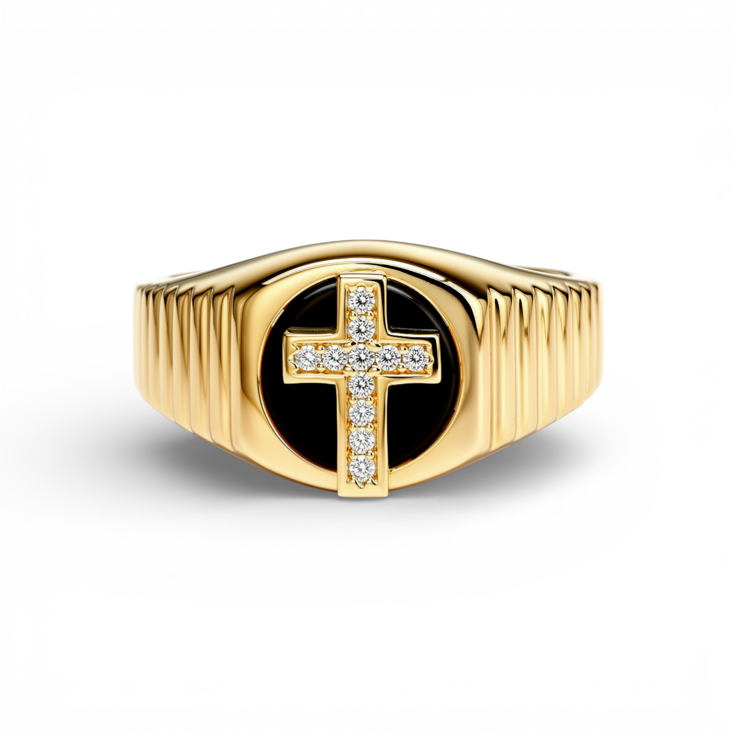 10K Yellow Gold Round Kids Ring with Cross and Onyx / Stone: Cz / Size: 5.5 / Weight: 2.3 GR / DQKR0CS