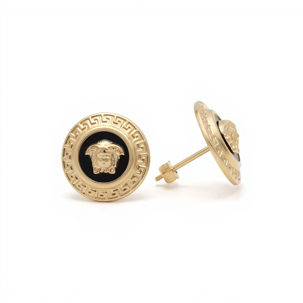 10K Yellow Gold Round Medusa's Stud Earrings with Greek and Onyx / Weight: 2 GR / CQES0VS