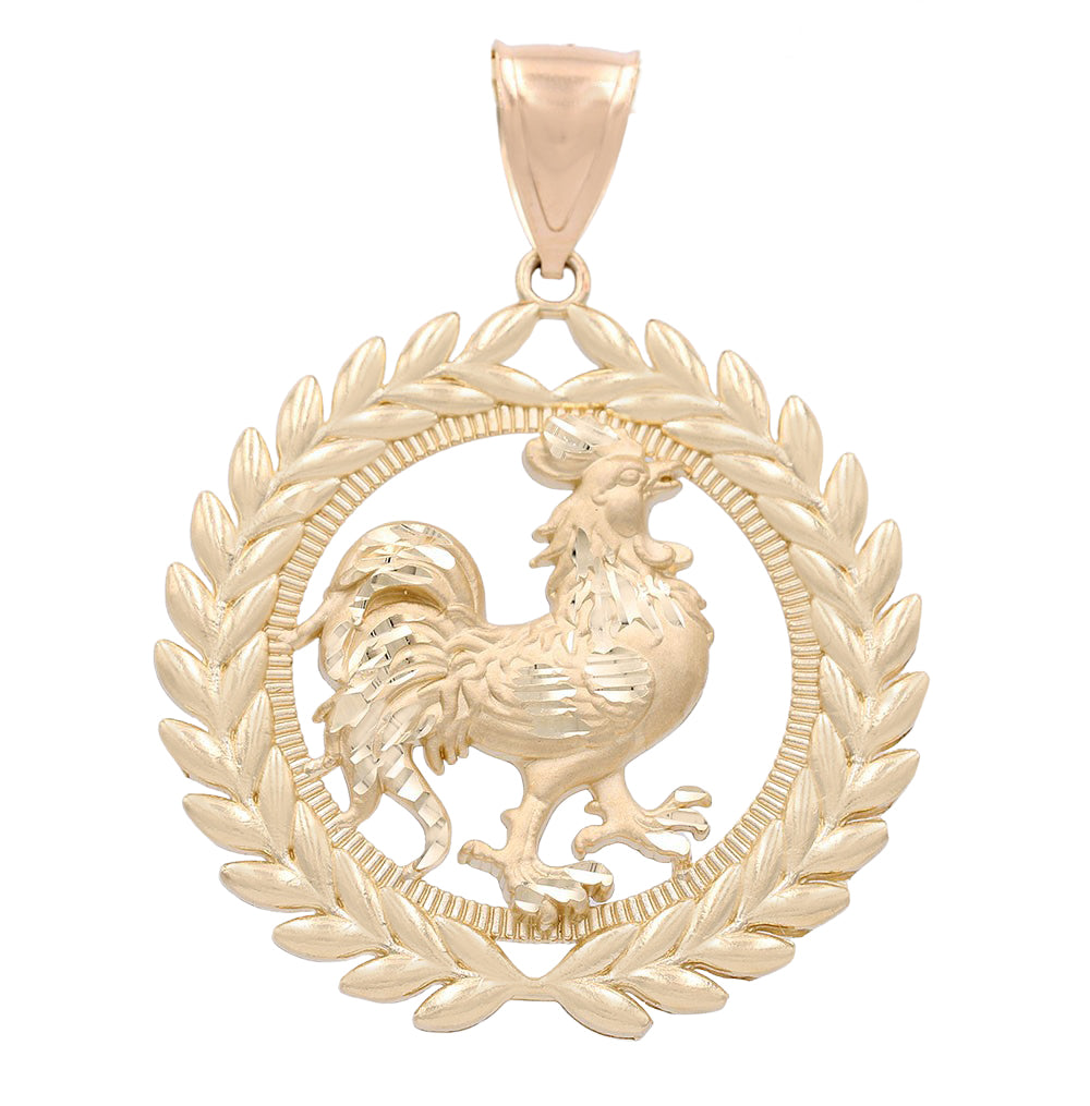 14K Yellow Gold Rooster on Wreath Pendant