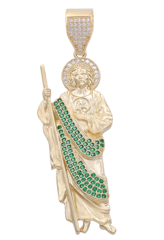 14K Yellow Gold Jesus with Cubic Zirconias and Green Stones Pendant