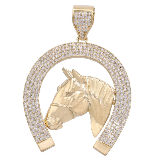 14K Yellow Gold Horse Head Framed by Horse Shoe Pendant with Cubic Zirconias