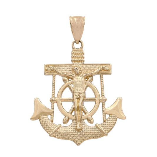 14K Yellow Gold Jesus on Cross and Anchor Pendant with Cubic Zirconias