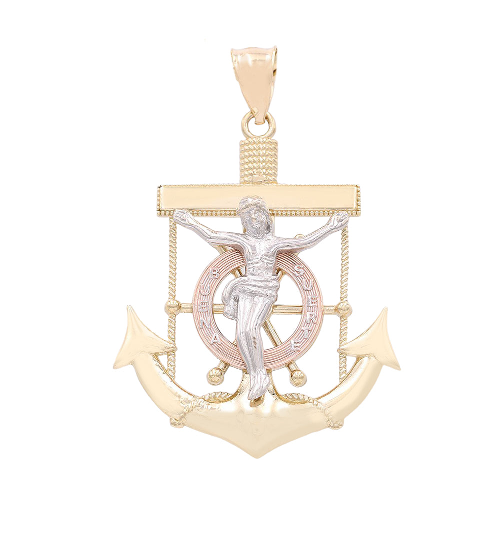 14K Tri-Color Gold Jesus on the Cross and Anchor Pendant