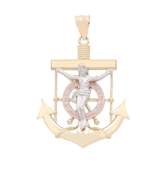 14K Tri-Color Gold Jesus on the Cross and Anchor Pendant