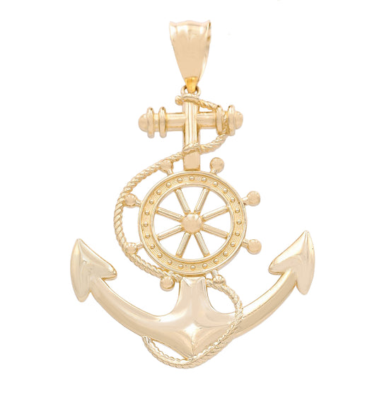 14K Yellow Gold Anchor and Boat Wheel Pendant