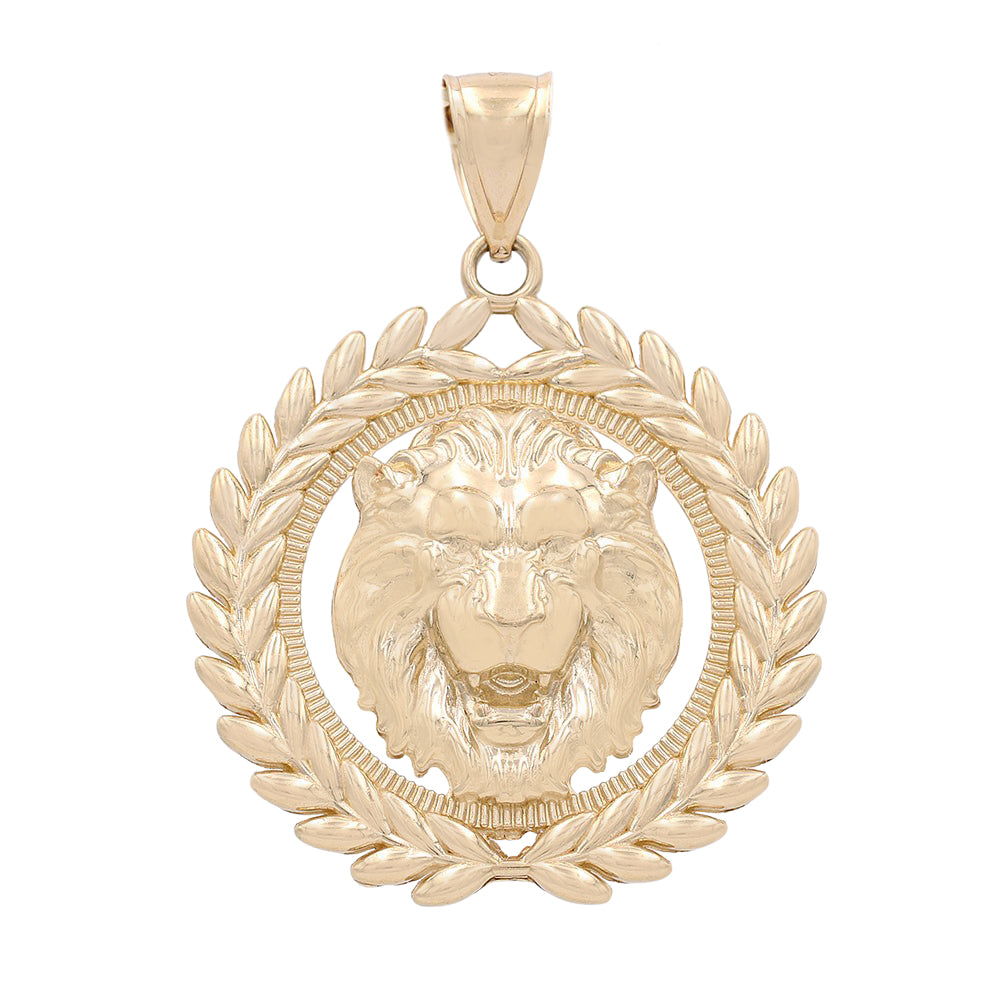 14K Yellow Gold Lion Head on Wreath Pendant